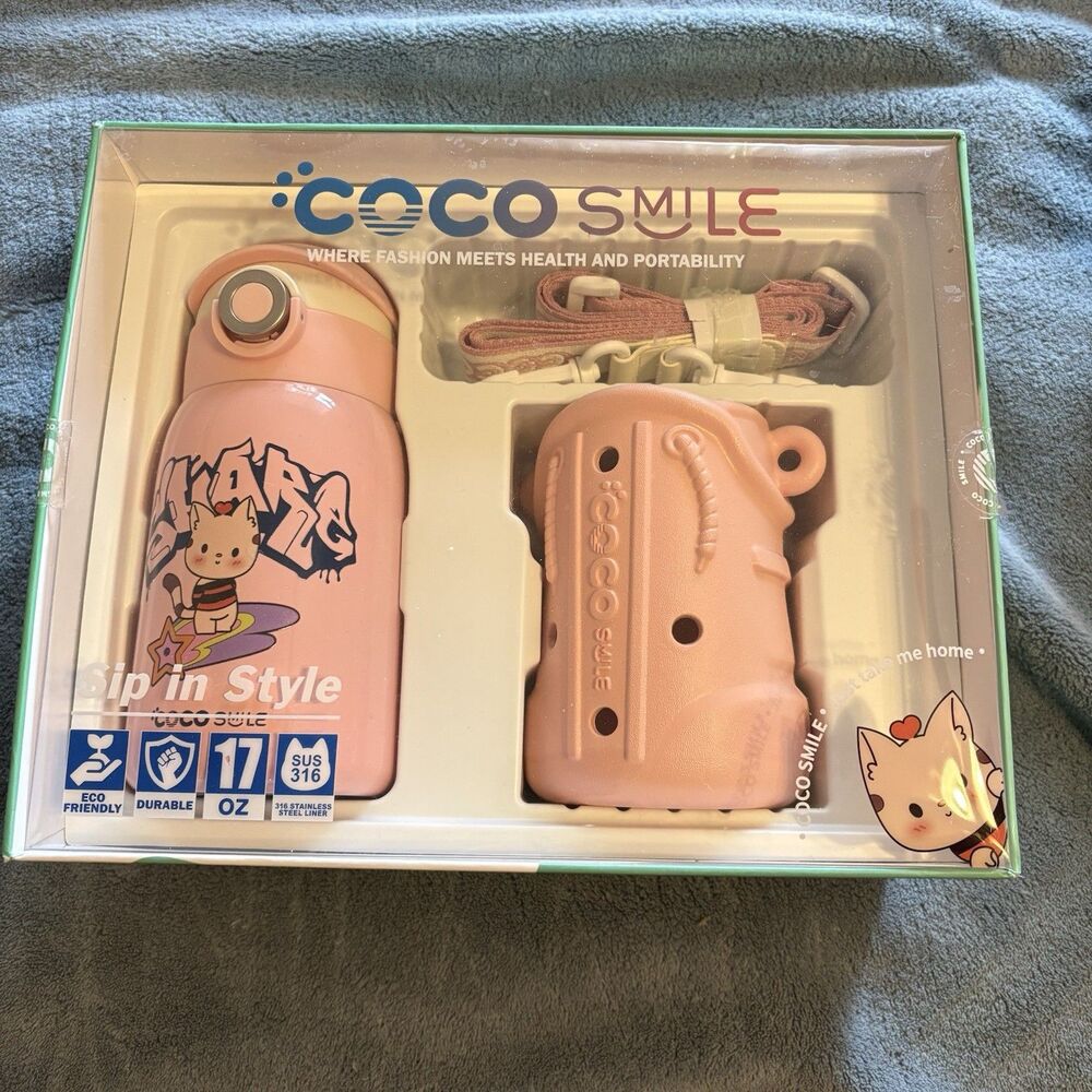 Kids Insulated Water Bottle Zipper Sleeve Carry Strap Drink Tumbler Straw Pink